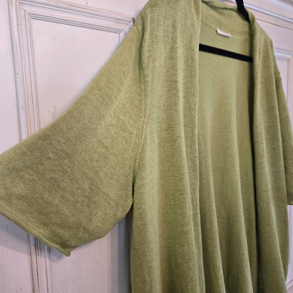 Eileen Fisher Green Linen Slub Kimono Cardigan Open Front 3/4 Sleeve 1X - Picture 2 of 7
